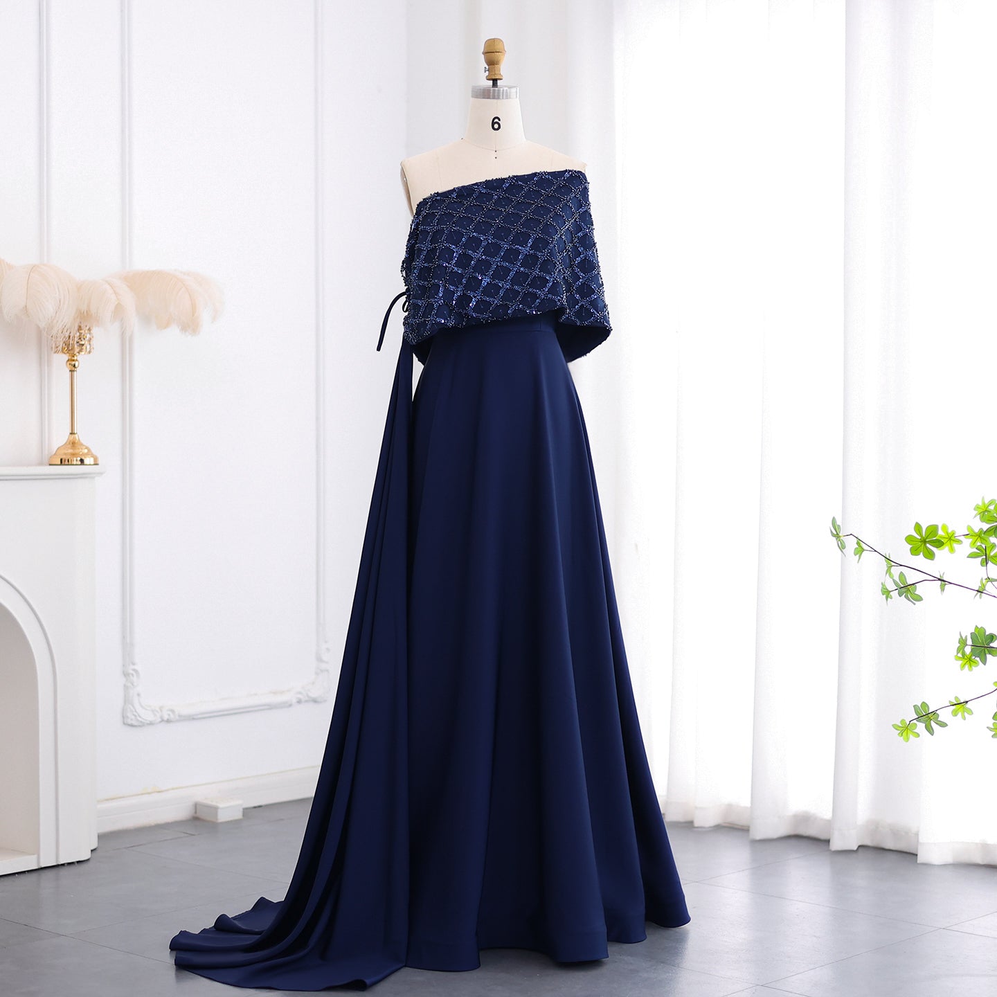 Elegant Navy Blue Off Shoulder Evening Dress with Cape SS206
