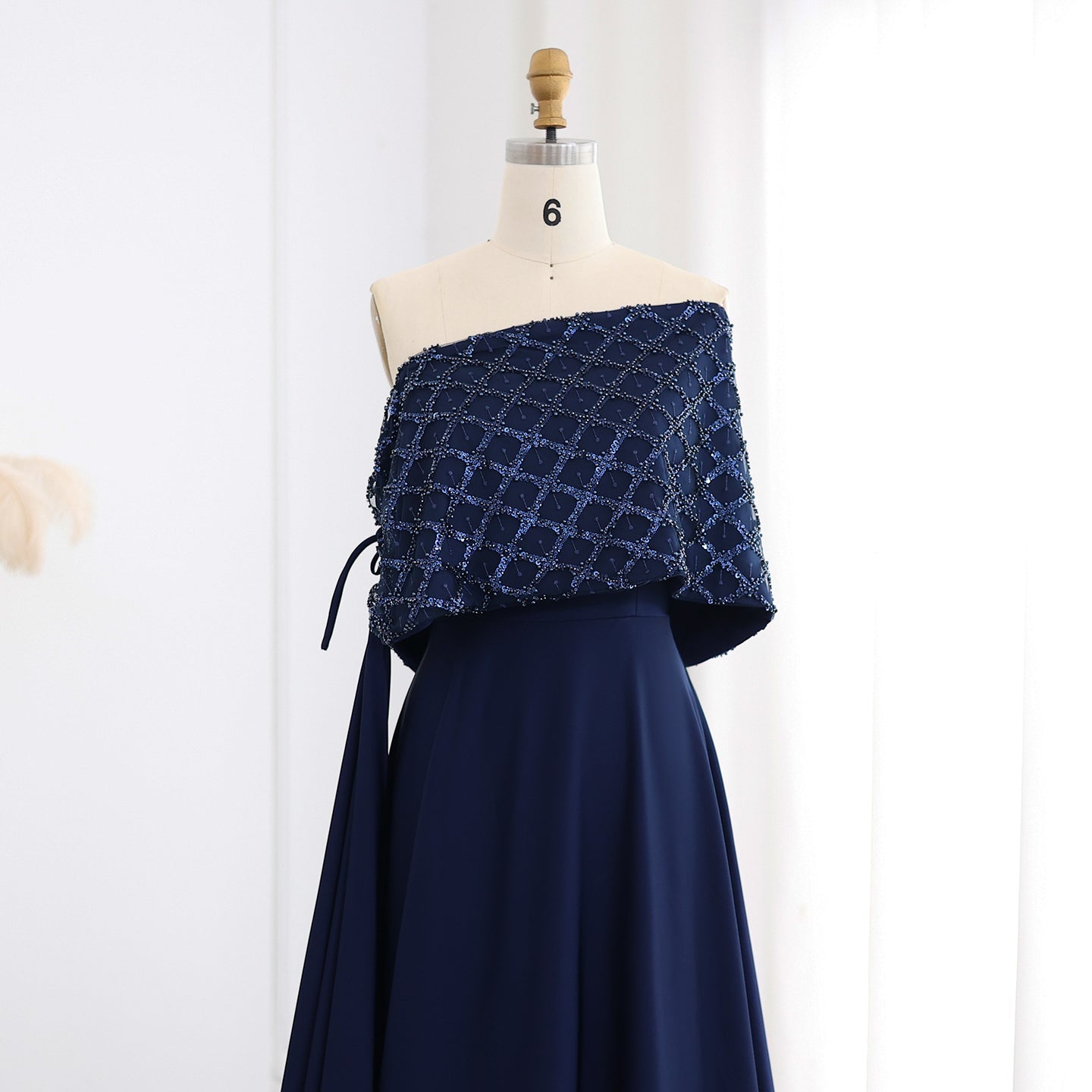 Elegant Navy Blue Off Shoulder Evening Dress with Cape SS206