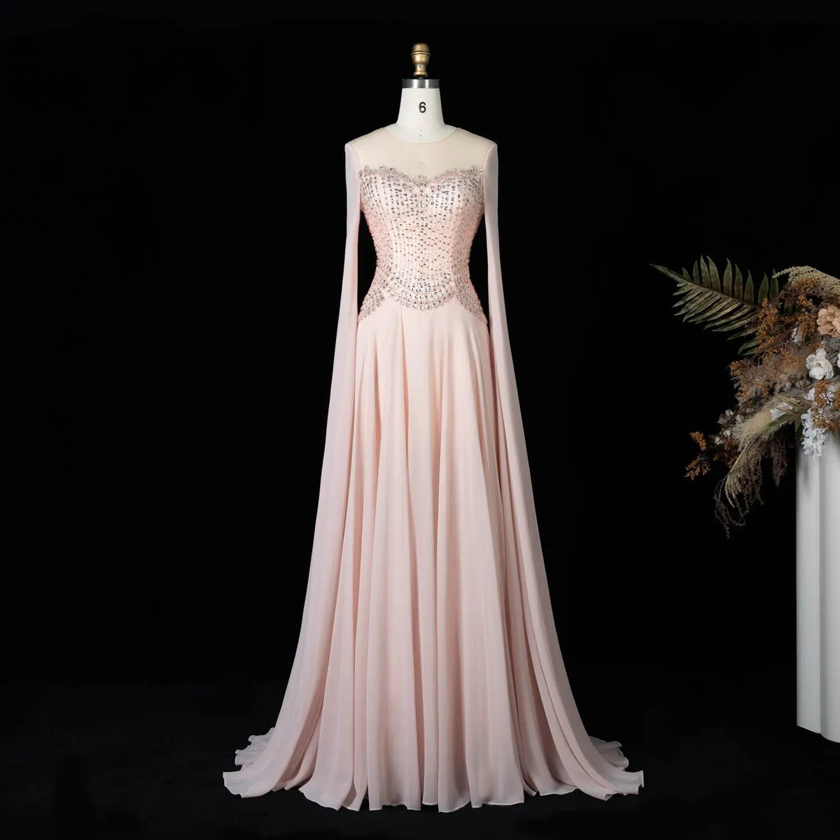 Luxury Pink Beaded Flowy Cape Sleeve Evening Dress SS367