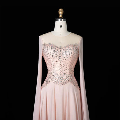 Luxury Pink Beaded Flowy Cape Sleeve Evening Dress SS367