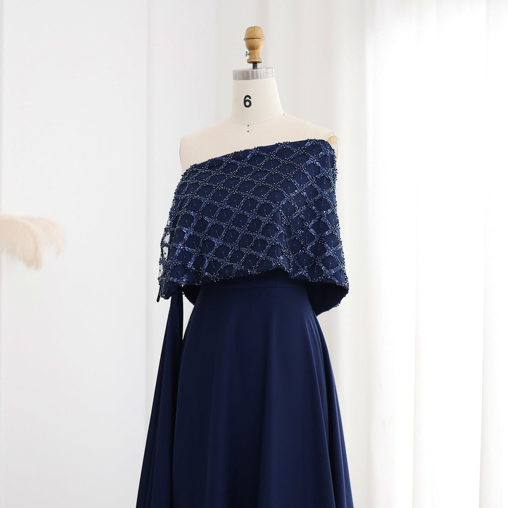 Elegant Navy Blue Off Shoulder Evening Dress with Cape SS206