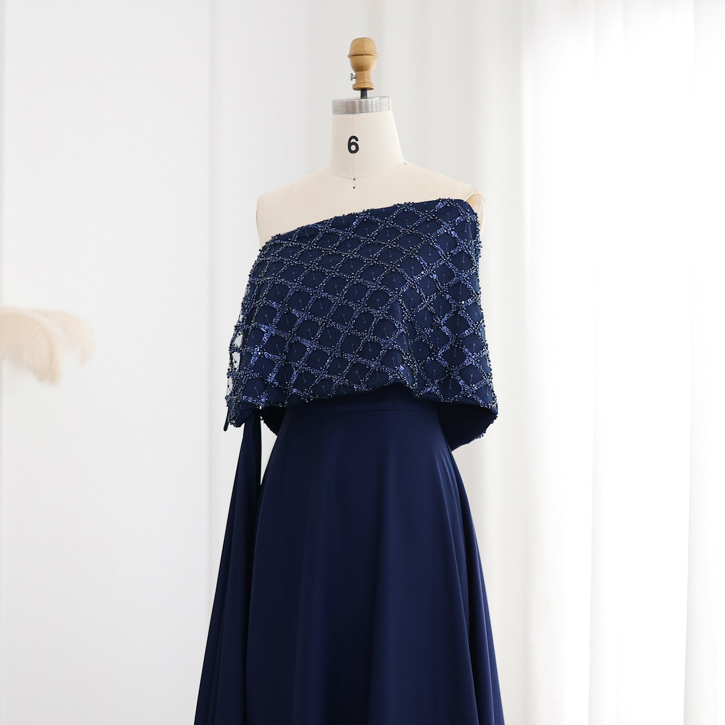 Elegant Navy Blue Off Shoulder Evening Dress with Cape SS206