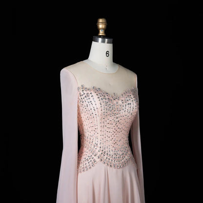 Luxury Pink Beaded Flowy Cape Sleeve Evening Dress SS367