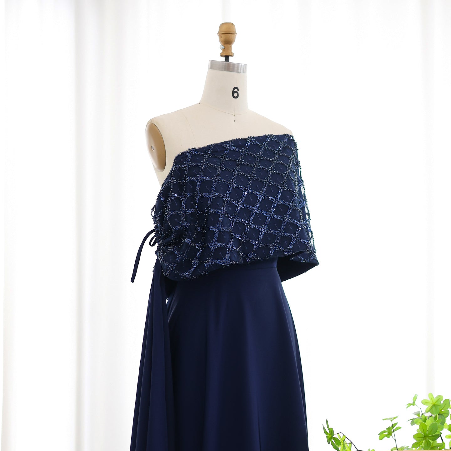 Elegant Navy Blue Off Shoulder Evening Dress with Cape SS206