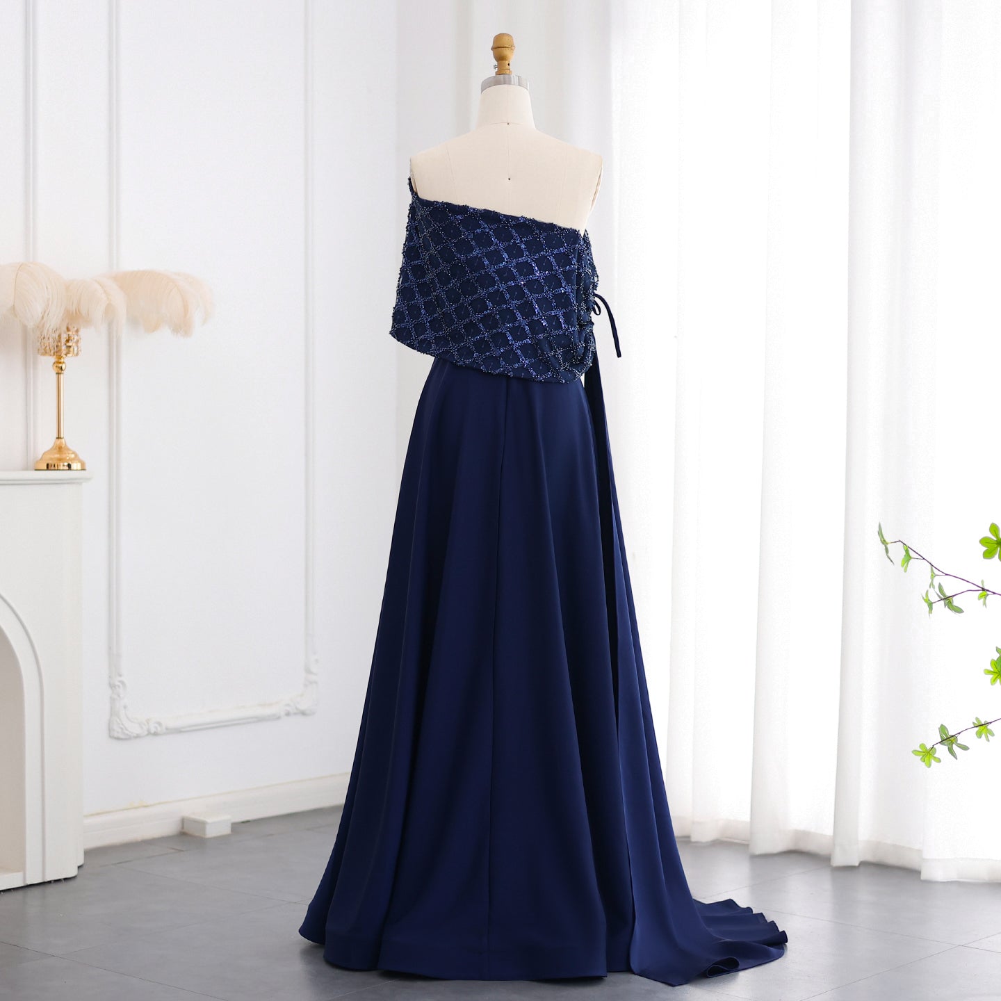 Elegant Navy Blue Off Shoulder Evening Dress with Cape SS206
