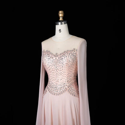 Luxury Pink Beaded Flowy Cape Sleeve Evening Dress SS367
