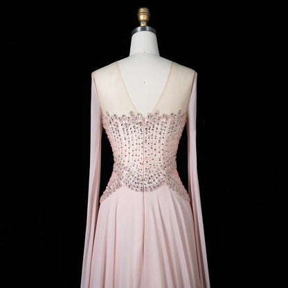 Luxury Pink Beaded Flowy Cape Sleeve Evening Dress SS367