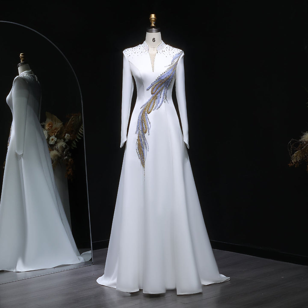Luxury White Long Sleeve Evening Dress with Embroidery SF385