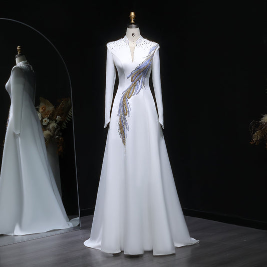 Luxury White Long Sleeve Evening Dress with Embroidery SF385
