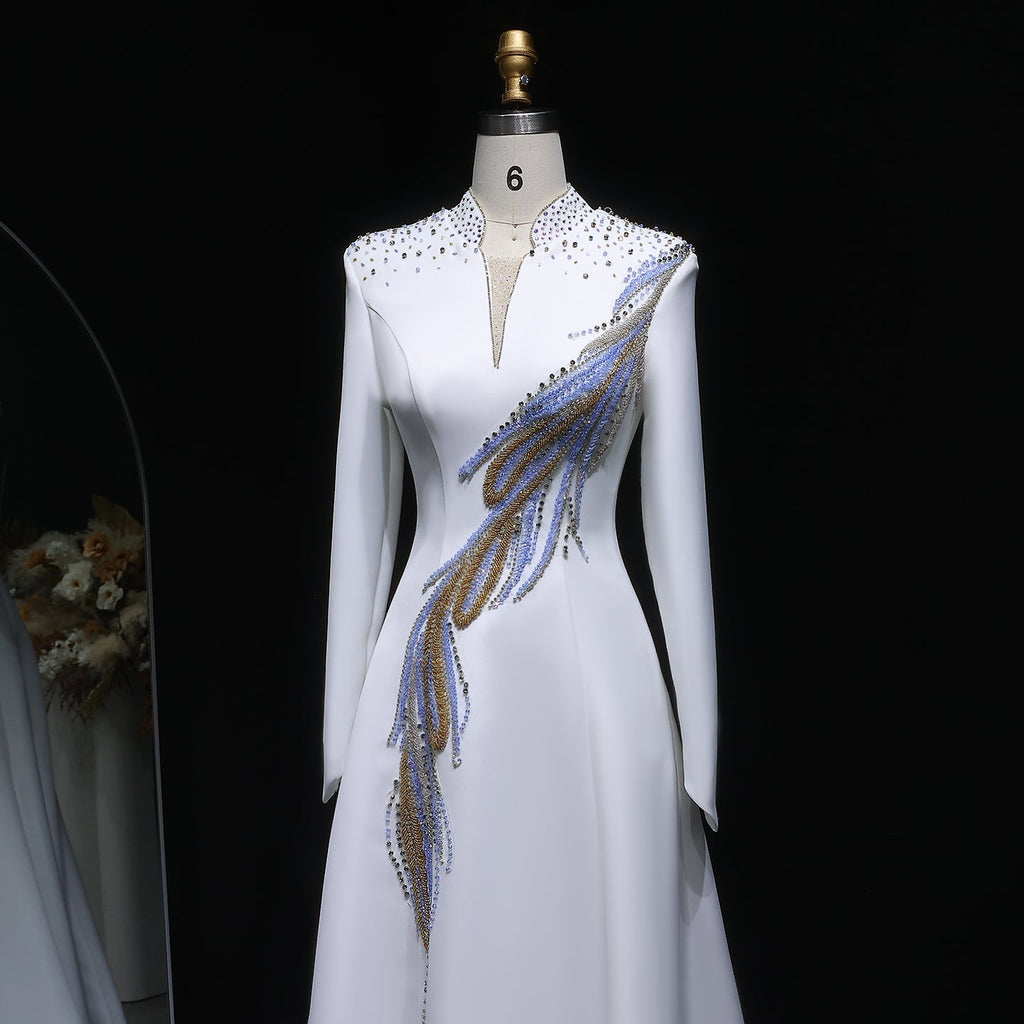 Luxury White Long Sleeve Evening Dress with Embroidery SF385