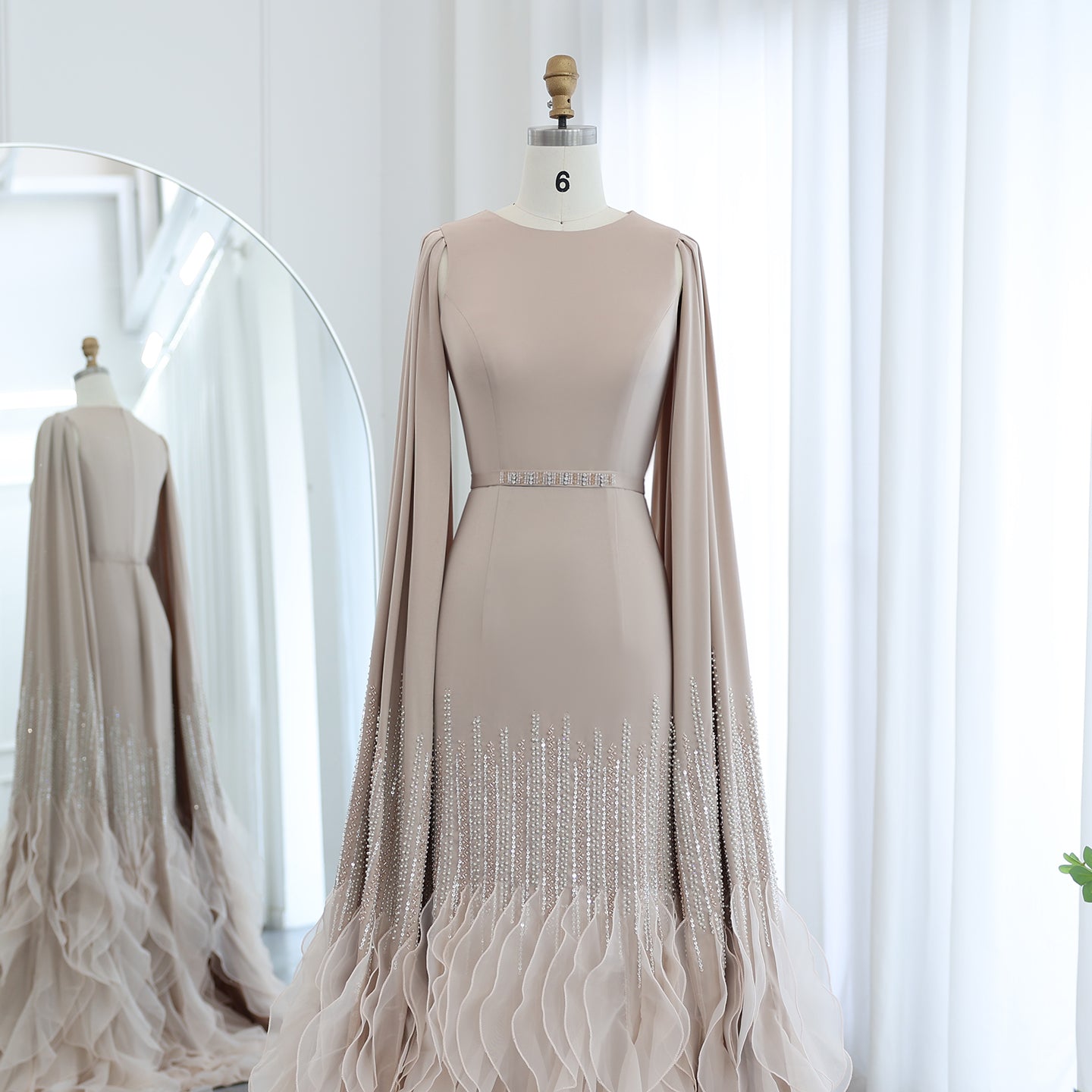 Luxury Nude Tiered Ruffles Mermaid Evening Dress with Cape Sleeves SS440