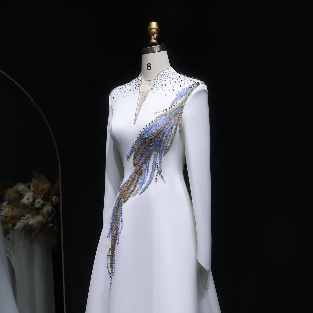 Luxury White Long Sleeve Evening Dress with Embroidery SF385