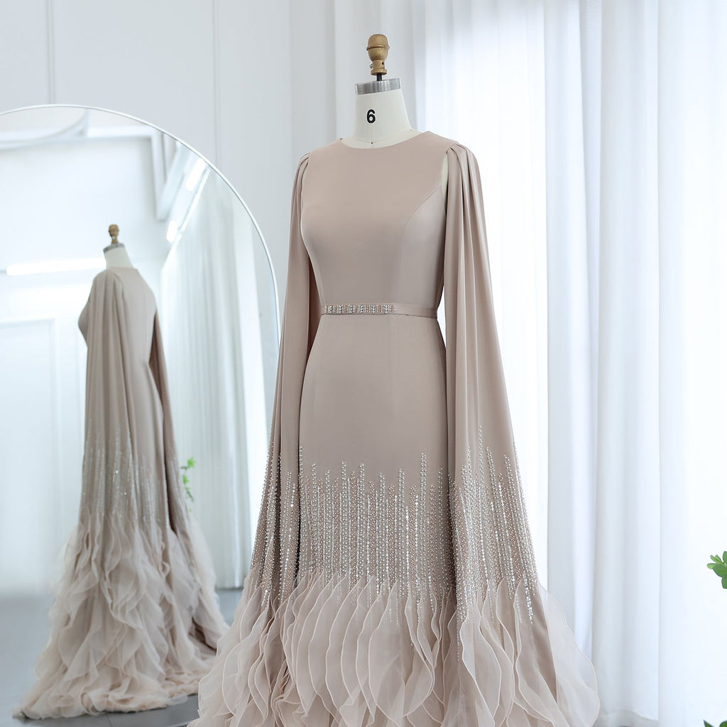 Luxury Nude Tiered Ruffles Mermaid Evening Dress with Cape Sleeves SS440