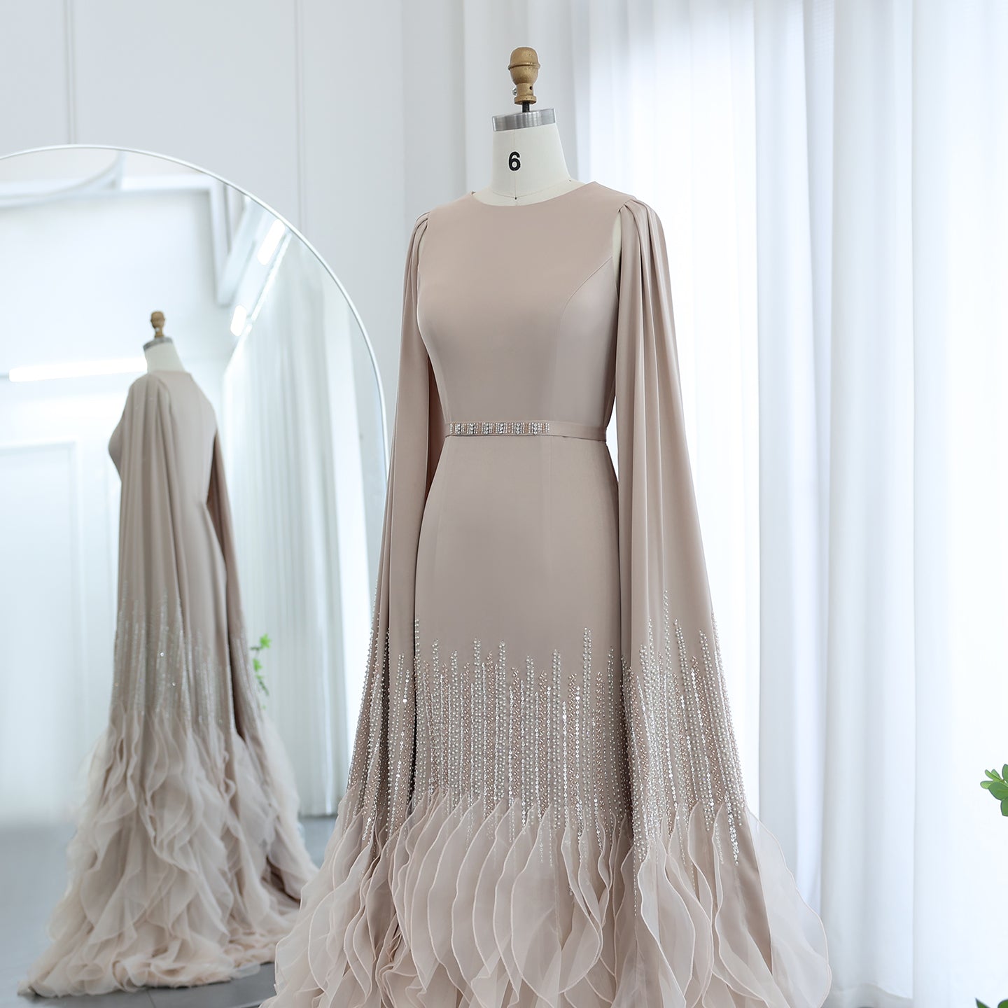 Luxury Nude Tiered Ruffles Mermaid Evening Dress with Cape Sleeves SS440