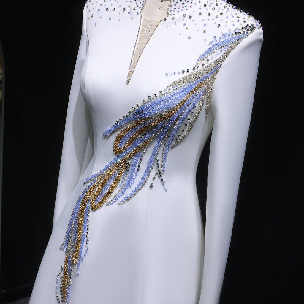 Luxury White Long Sleeve Evening Dress with Embroidery SF385