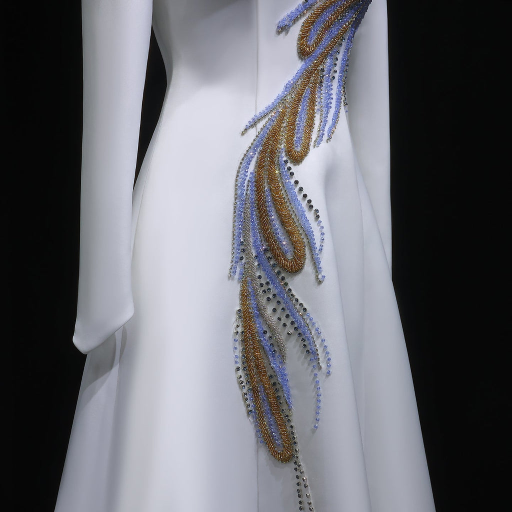 Luxury White Long Sleeve Evening Dress with Embroidery SF385