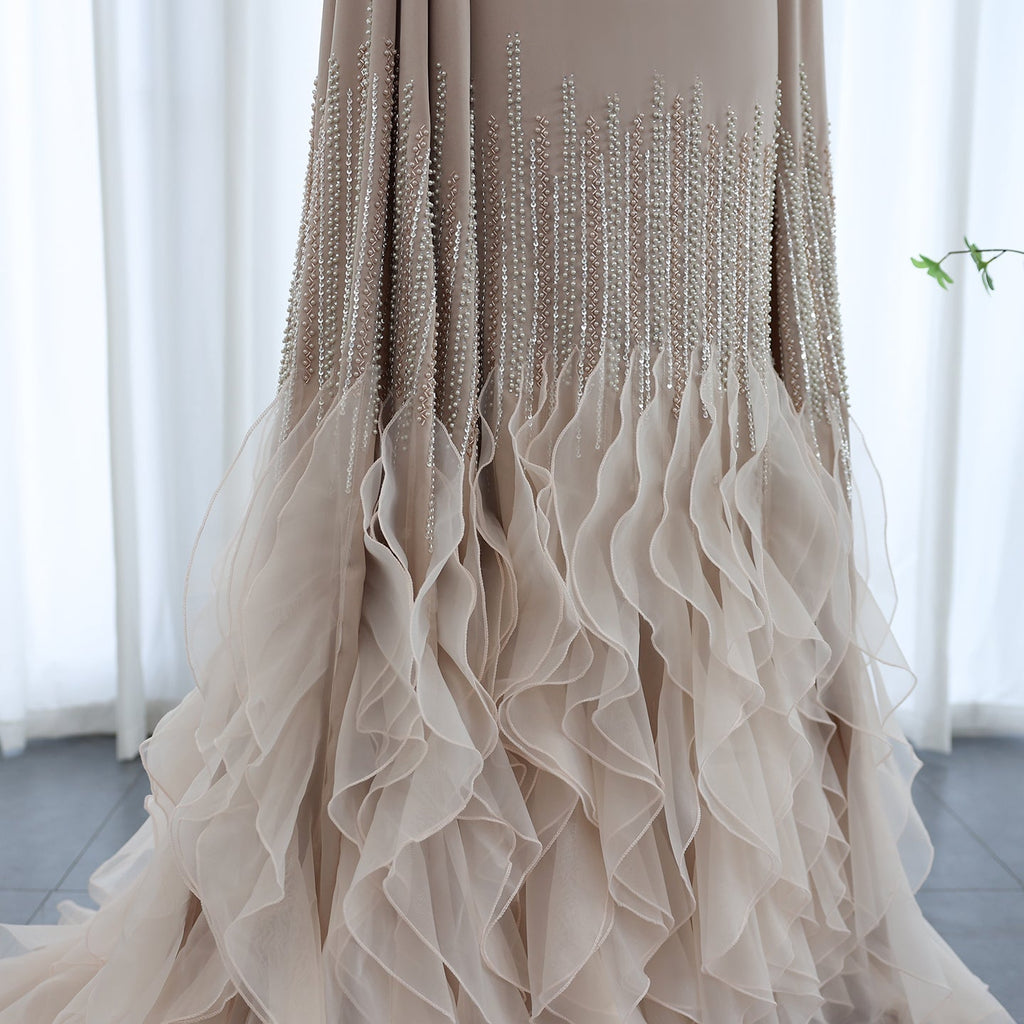 Luxury Nude Tiered Ruffles Mermaid Evening Dress with Cape Sleeves SS440