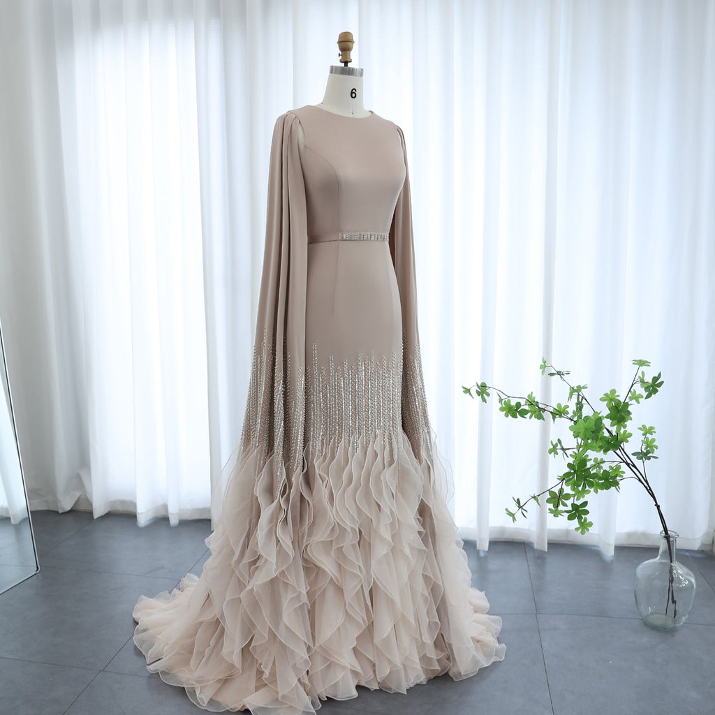 Luxury Nude Tiered Ruffles Mermaid Evening Dress with Cape Sleeves SS440
