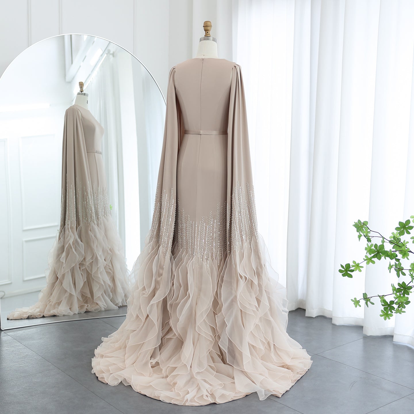 Luxury Nude Tiered Ruffles Mermaid Evening Dress with Cape Sleeves SS440