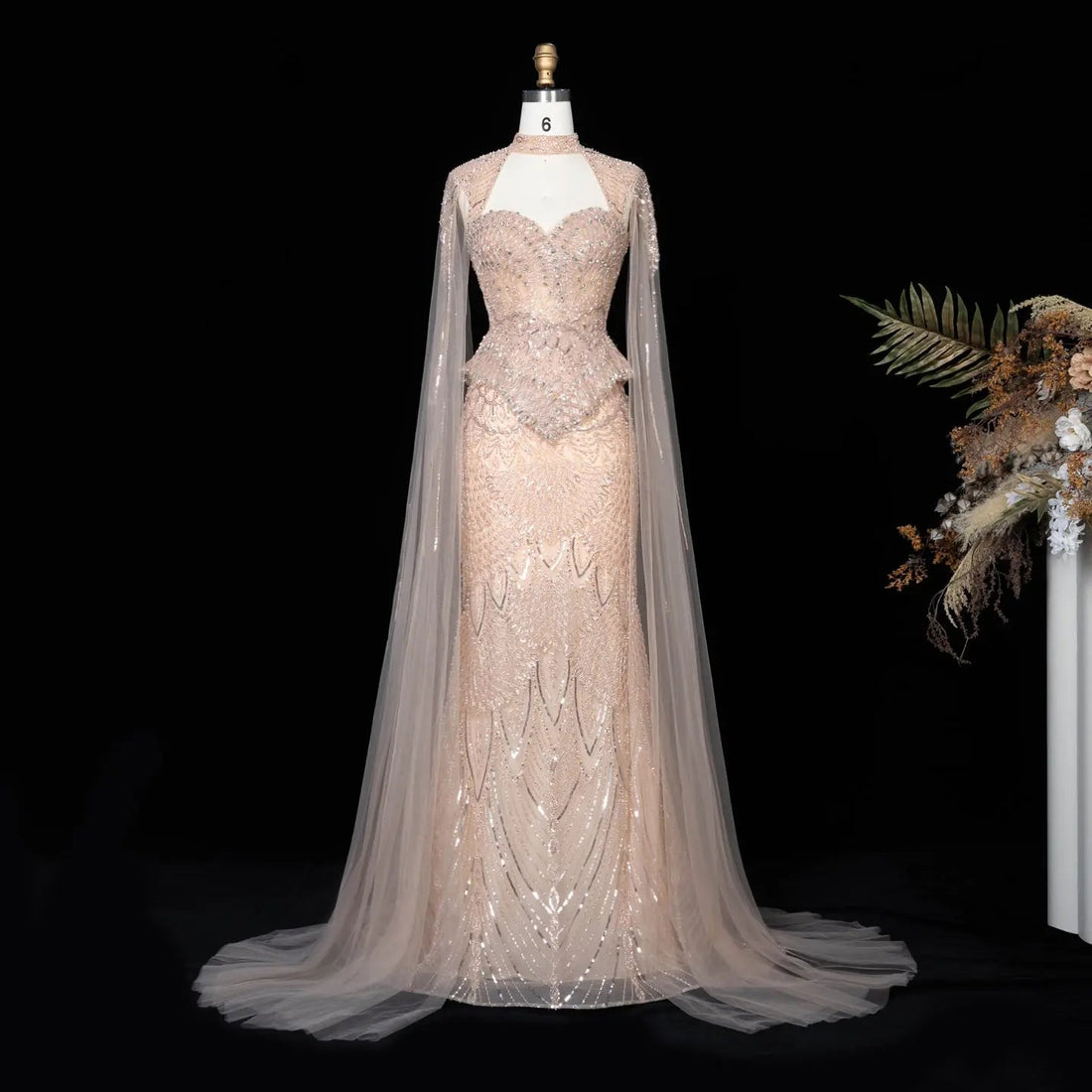 Champagne Beaded Sequined Mermaid Evening Gown With Cape SS018