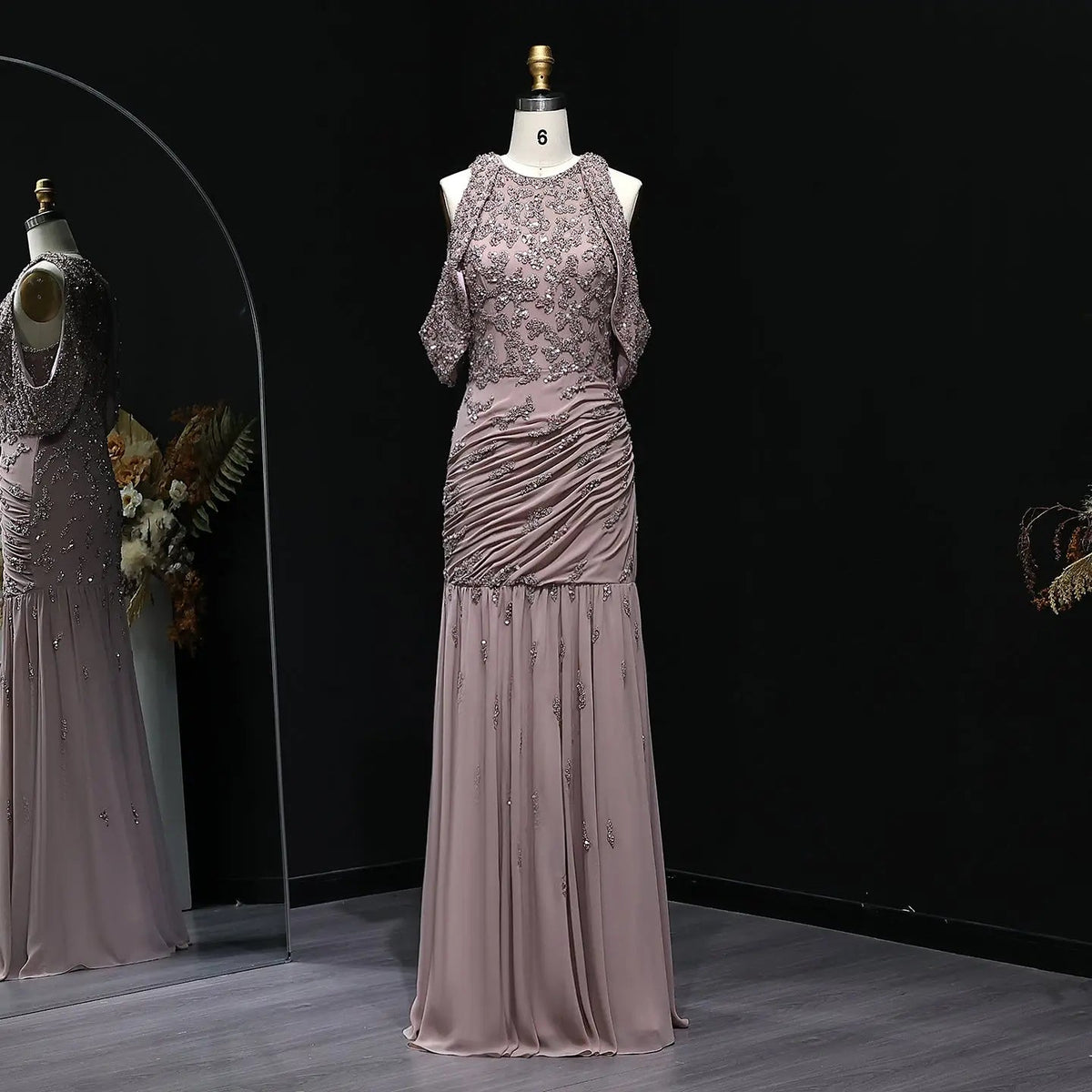 Luxury Beaded Mauve Snap Sleeves Evening Dress SS559