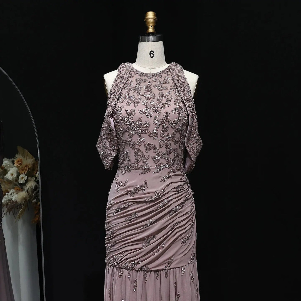 Luxury Beaded Mauve Snap Sleeves Evening Dress SS559