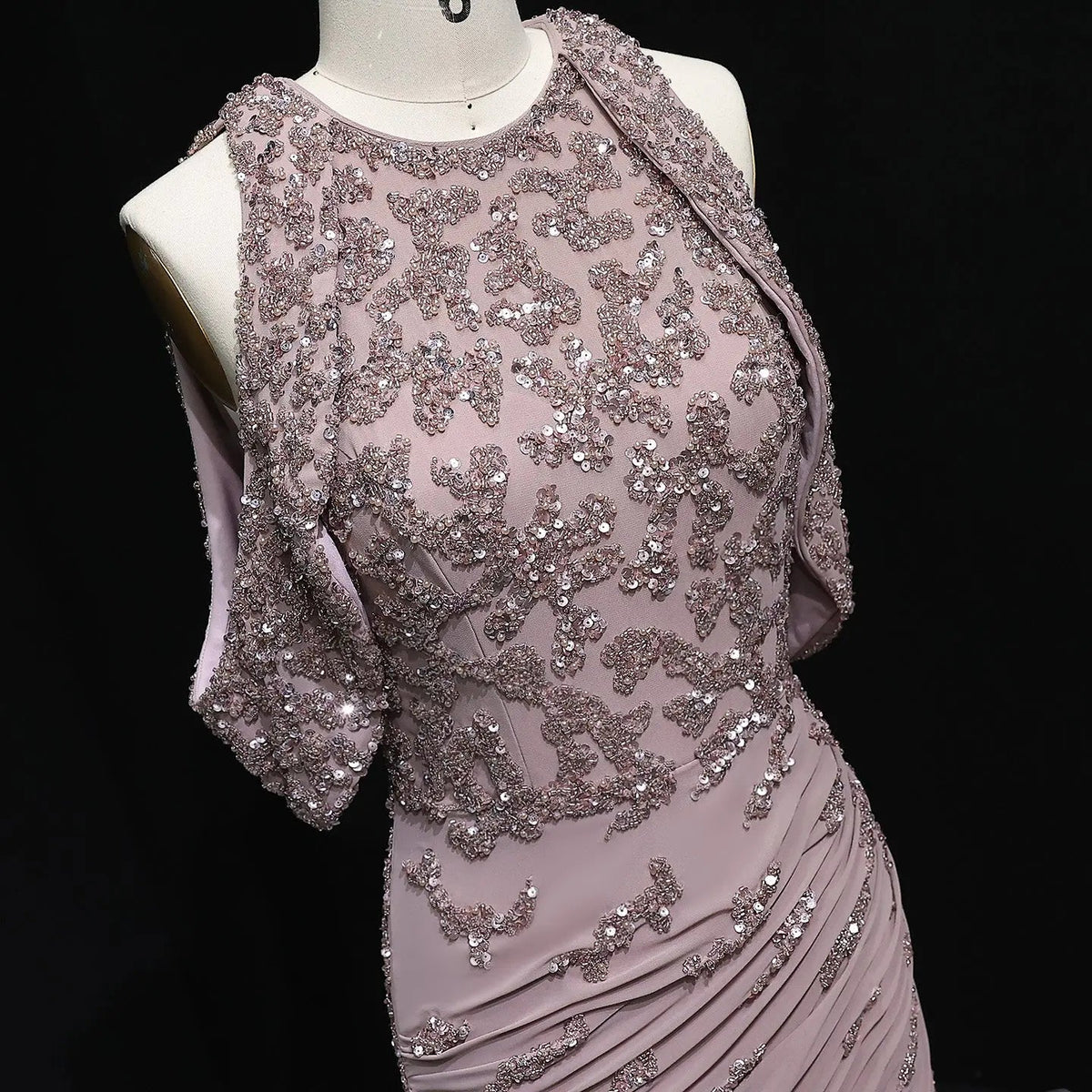 Luxury Beaded Mauve Snap Sleeves Evening Dress SS559