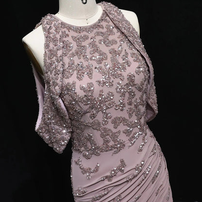 Luxury Beaded Mauve Snap Sleeves Evening Dress SS559