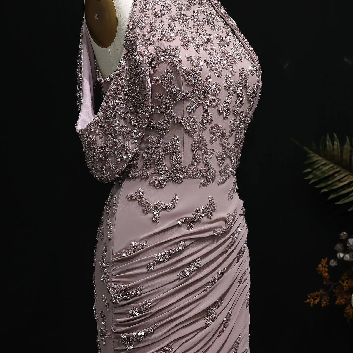 Luxury Beaded Mauve Snap Sleeves Evening Dress SS559