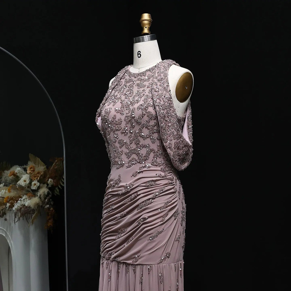 Luxury Beaded Mauve Snap Sleeves Evening Dress SS559