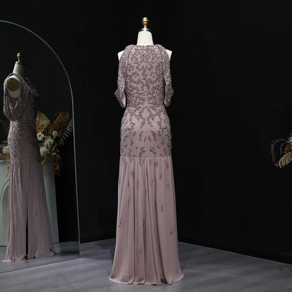 Luxury Beaded Mauve Snap Sleeves Evening Dress SS559