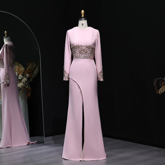 Elegant Pink Beaded Waist Long Sleeve Fitted Evening Dress SS525