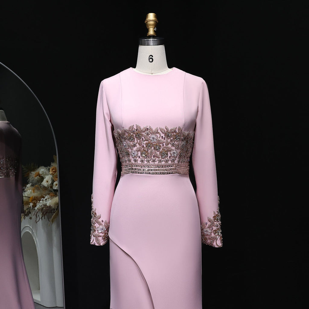 Elegant Pink Beaded Waist Long Sleeve Fitted Evening Dress SS525
