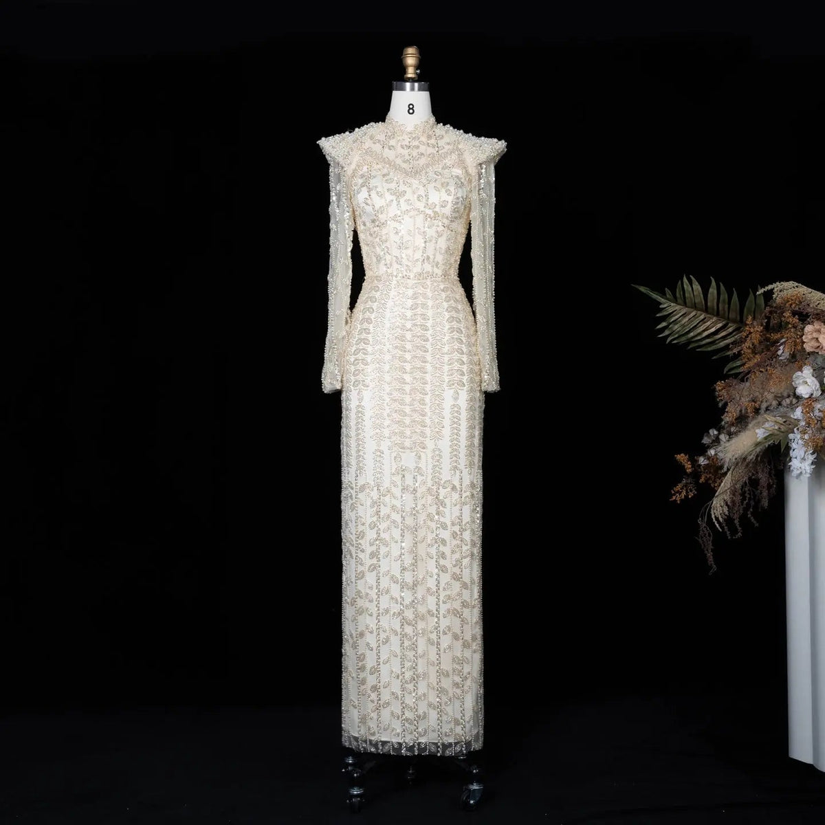 Luxury Cream Long Sleeves Evening Dress SS696