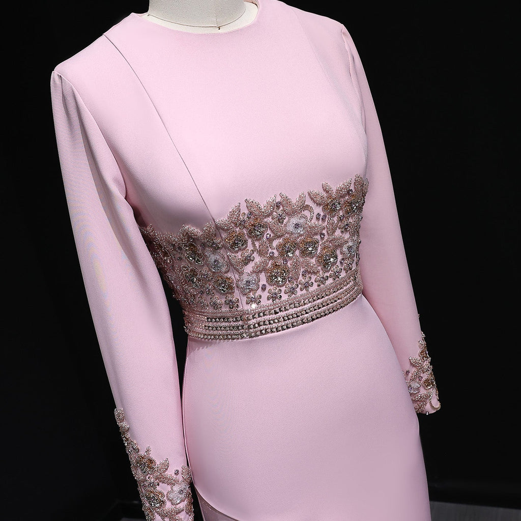 Elegant Pink Beaded Waist Long Sleeve Fitted Evening Dress SS525