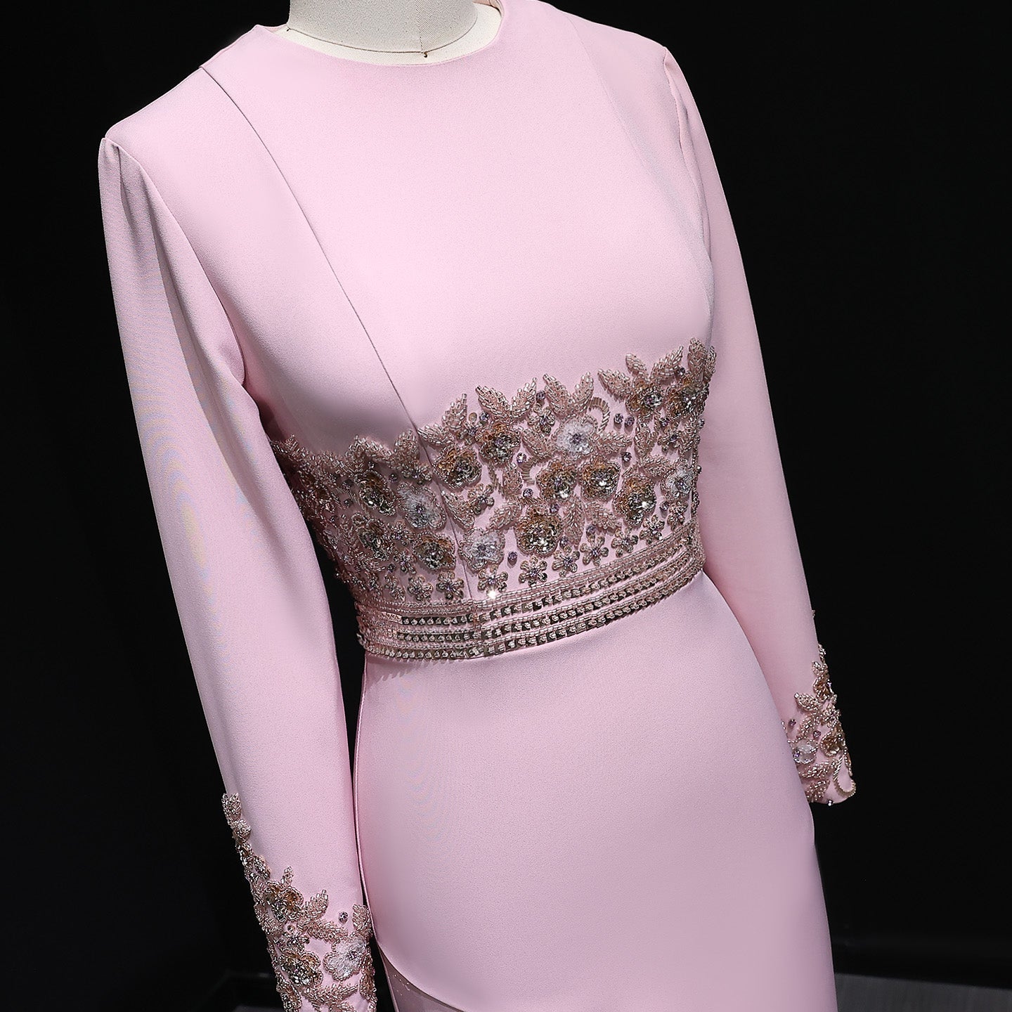 Elegant Pink Beaded Waist Long Sleeve Fitted Evening Dress SS525