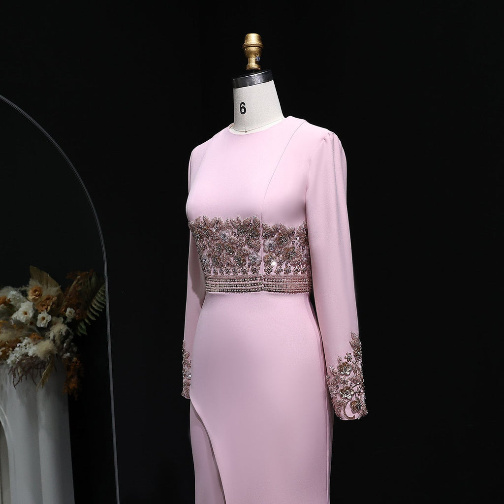 Elegant Pink Beaded Waist Long Sleeve Fitted Evening Dress SS525
