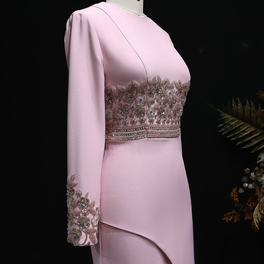 Elegant Pink Beaded Waist Long Sleeve Fitted Evening Dress SS525
