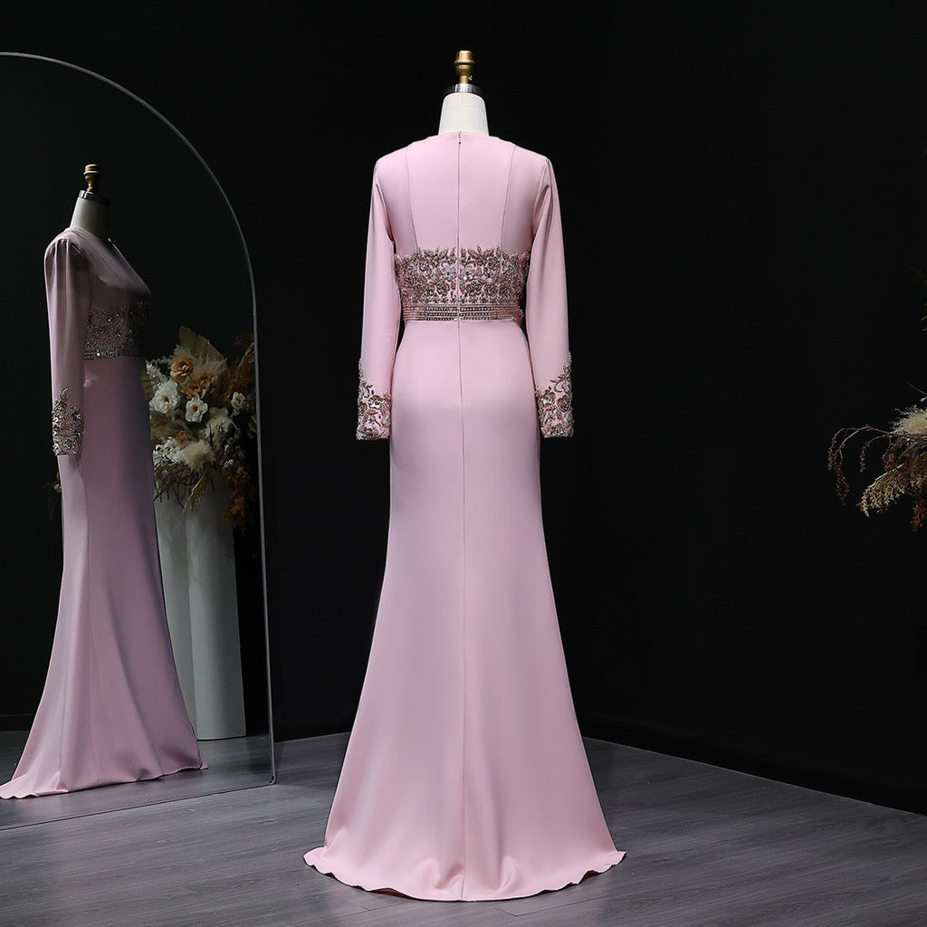 Elegant Pink Beaded Waist Long Sleeve Fitted Evening Dress SS525