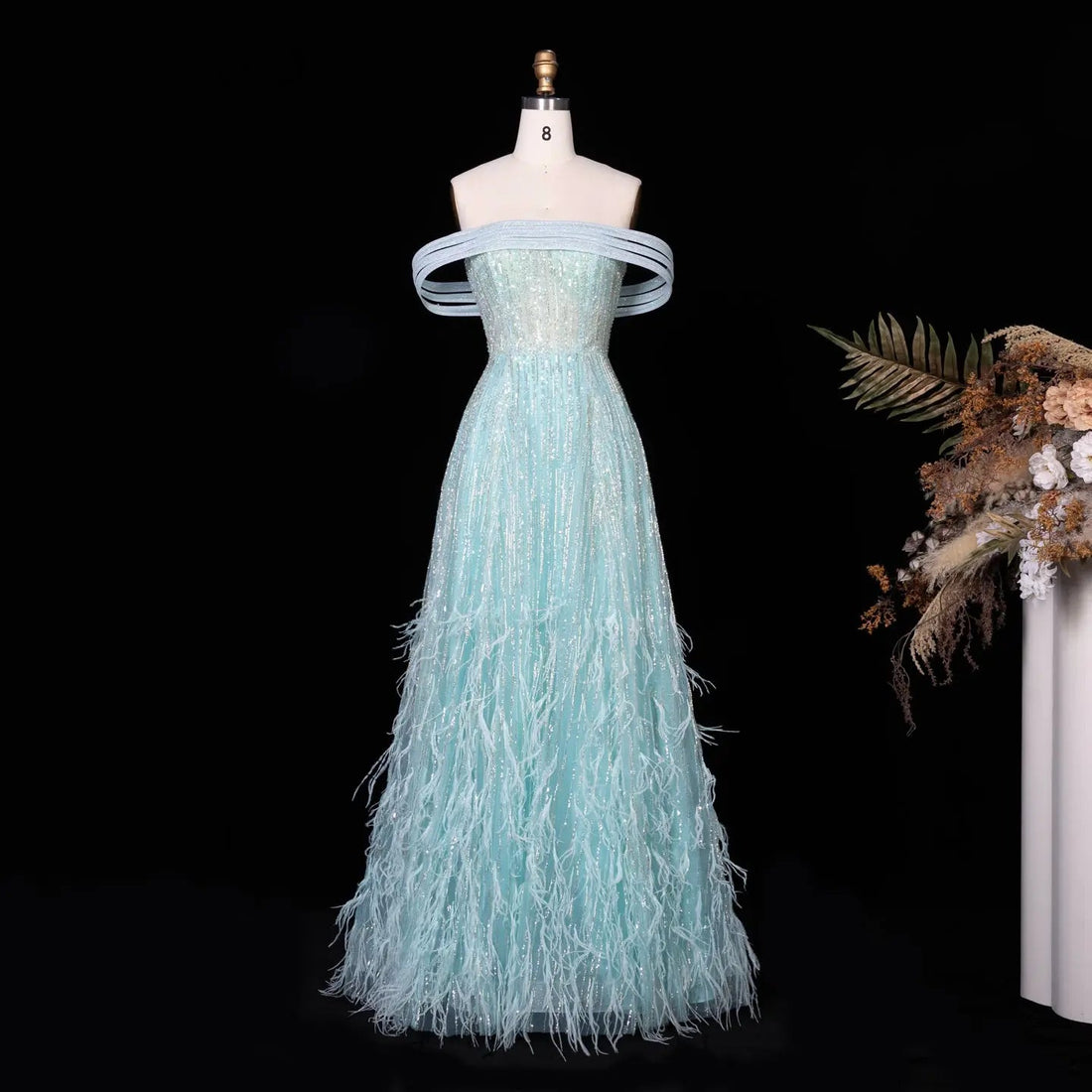 Luxury Feathers Aqua Off Shoulder Evening Dress SS435