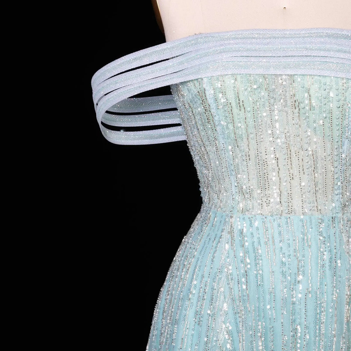 Luxury Feathers Aqua Off Shoulder Evening Dress SS435