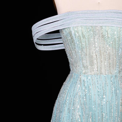 Luxury Feathers Aqua Off Shoulder Evening Dress SS435
