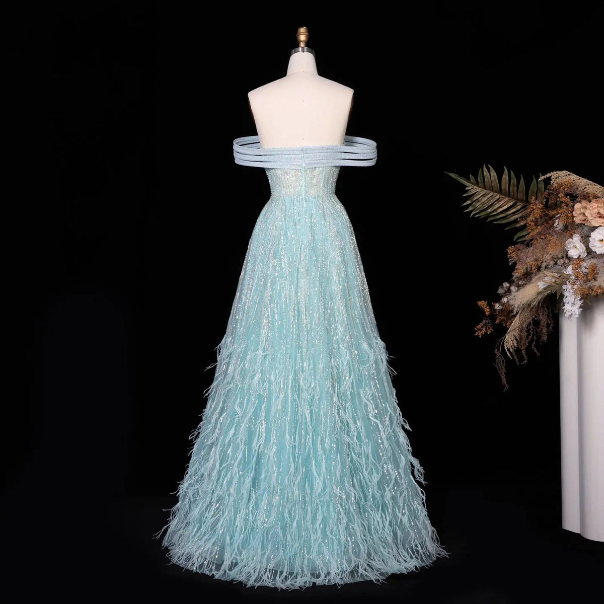 Luxury Feathers Aqua Off Shoulder Evening Dress SS435