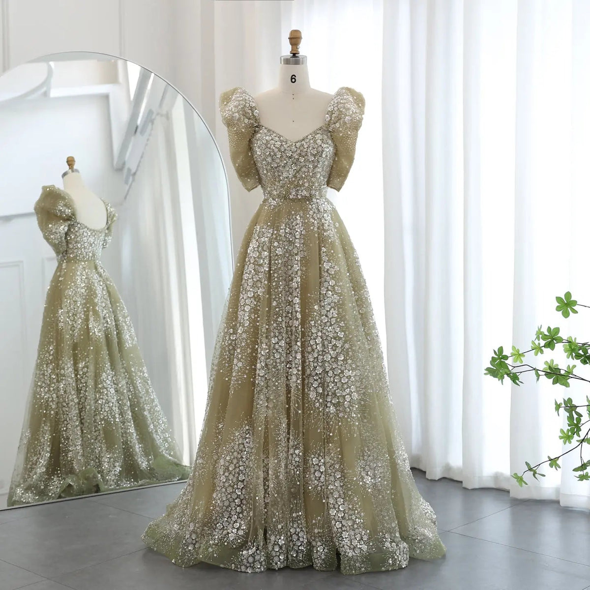 Glitter Lime Green Puffle Sleeve Evening Dress SS155