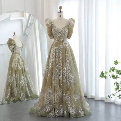 Glitter Lime Green Puffle Sleeve Evening Dress SS155