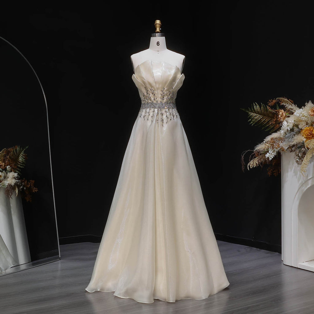 Luxury Beige Strapless Beaded A-Line Evening Dress SF509