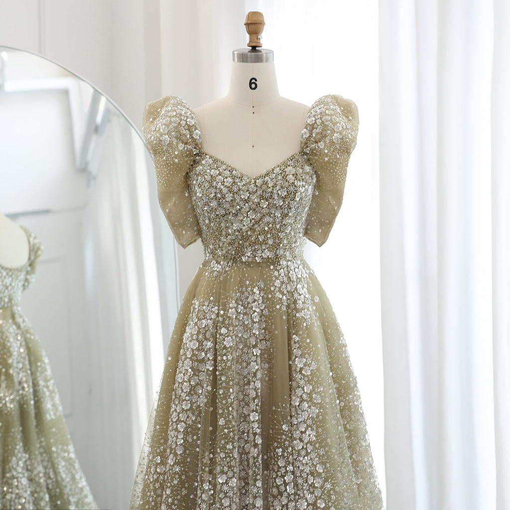 Glitter Lime Green Puff Sleeve Evening Dress SS155