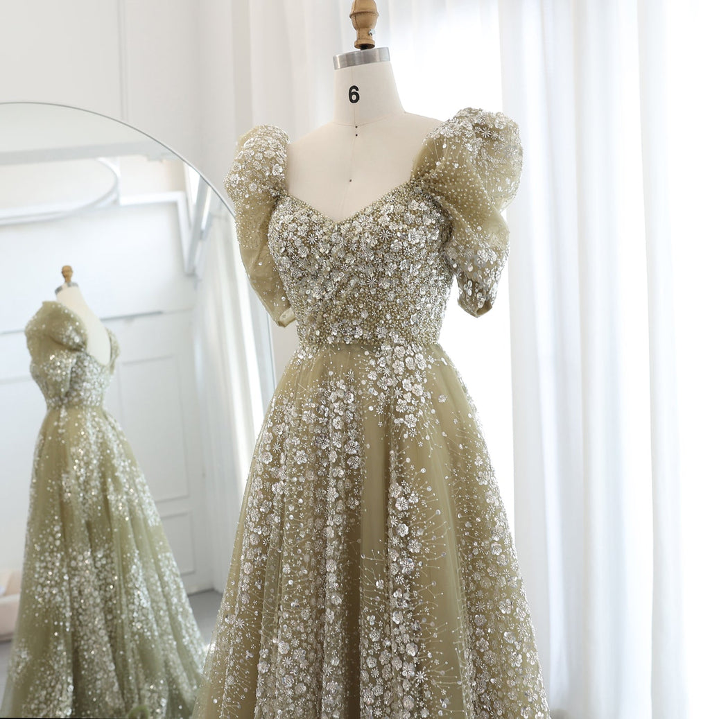 Glitter Lime Green Puff Sleeve Evening Dress SS155