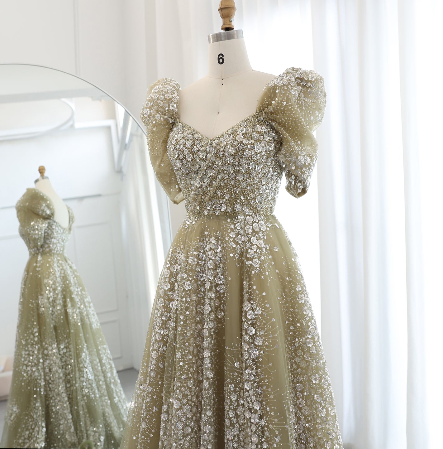 Glitter Lime Green Puff Sleeve Evening Dress SS155