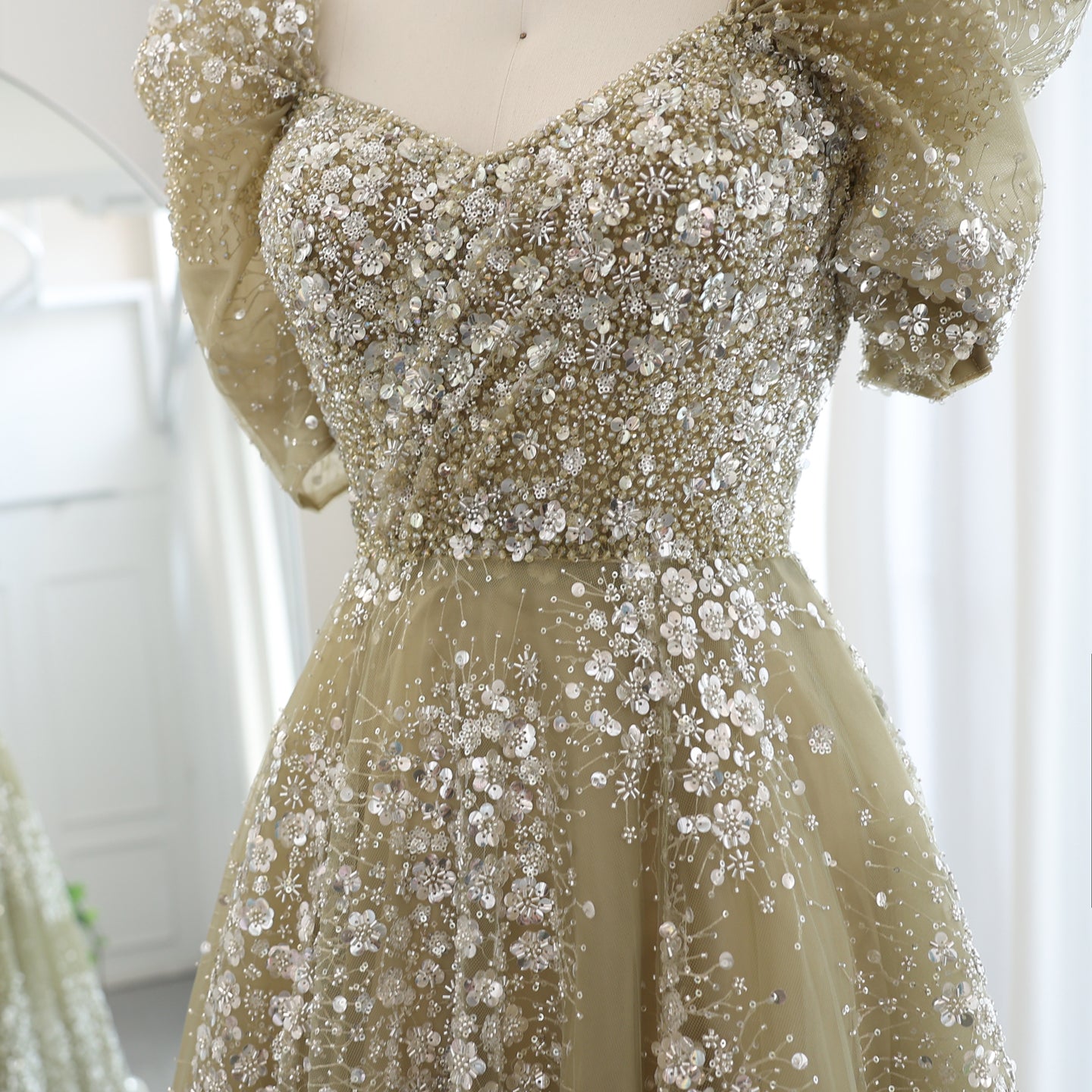 Glitter Lime Green Puff Sleeve Evening Dress SS155